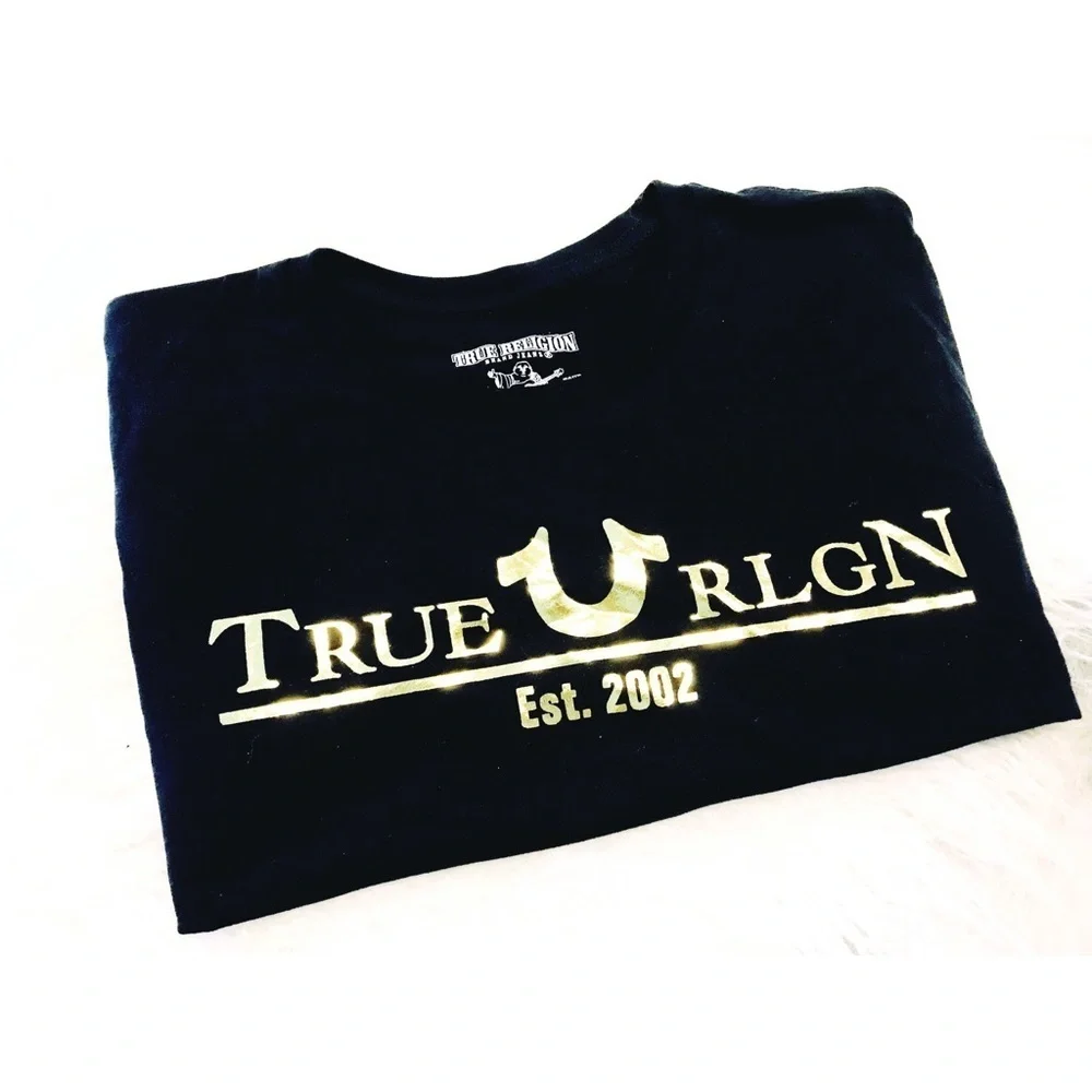 NEW BASIC BLACK TEE SHIRT GOLD LOGO TRUE RELIGION